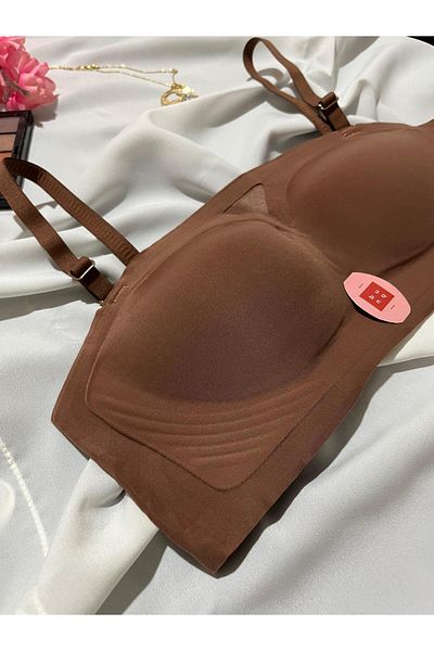 bunq Brown Strapless Laser Cut Ghost No Trace Gathering Bra