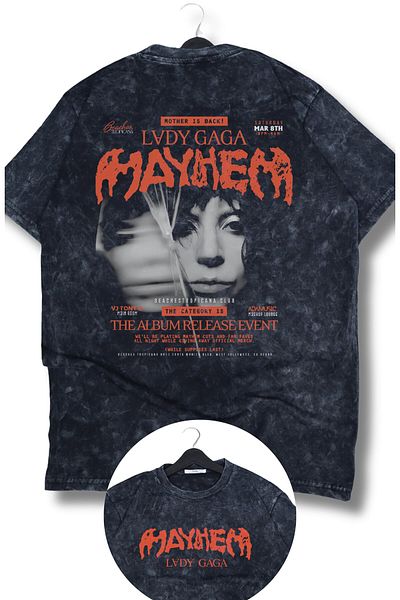 Fuddy Moda Oversize Mayhem Lady Gaga εμπριμέ πλενόμενο μπλουζάκι, μπλουζάκι με θέμα τη μουσική Unisex