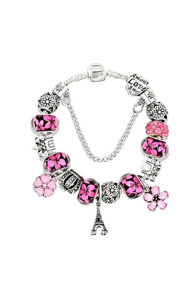 Tessero Bratara de dama cu charmuri mov Turnul Eiffel, model floral, placata cu argint, marime 18 cm, argint