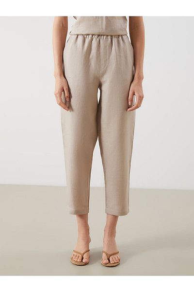 LC Waikiki Beige Elastic Waist 100% Linen Women's Trousers