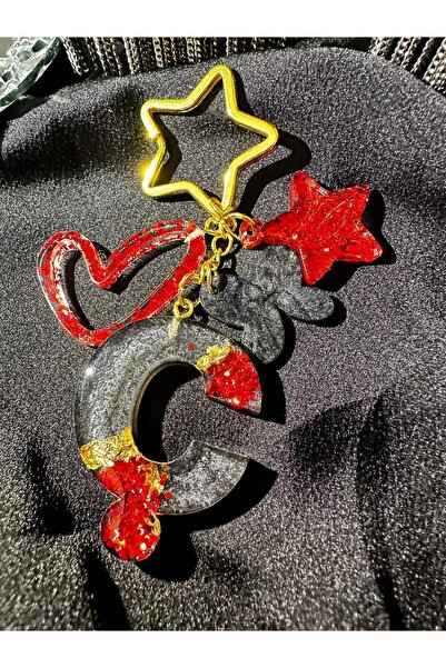 epoksiya حرف C أنثراسيت رمادي اللون ورق ذهبي مع حلقة نجمة حمراء VIP سلسلة مفا...