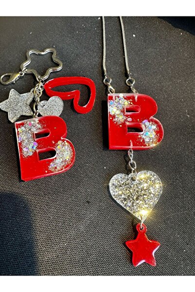 epoksiya مجموعة هدايا على شكل حرف B باللون الأحمر مع سلسلة مفاتيح إيبوكسي لام...