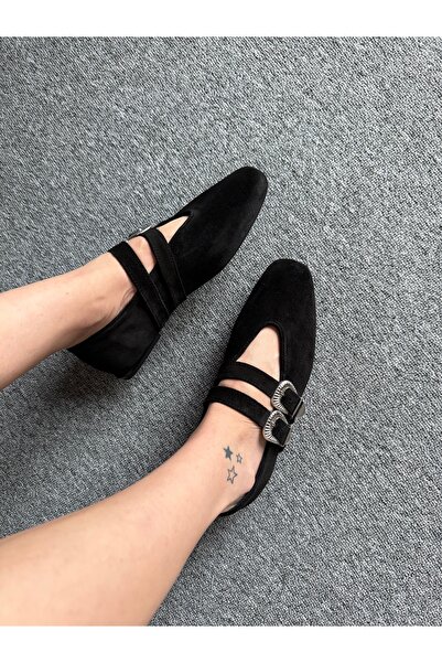 LOSS CLOUDY Black Suede Ballet with Buckle