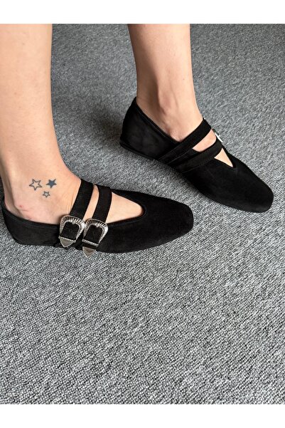 LOSS CLOUDY Black Suede Ballet with Buckle