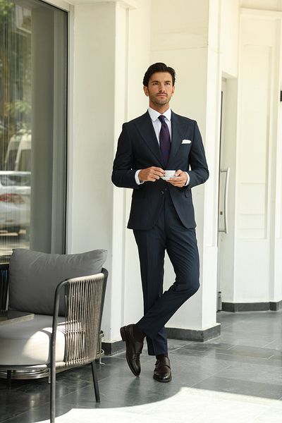 AEK FIORE Men's Navy Blue Striped Suit