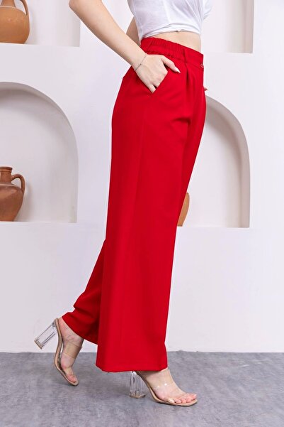lodmela Accessory Detailed Elastic Waist Palazzo Trousers 516-Red