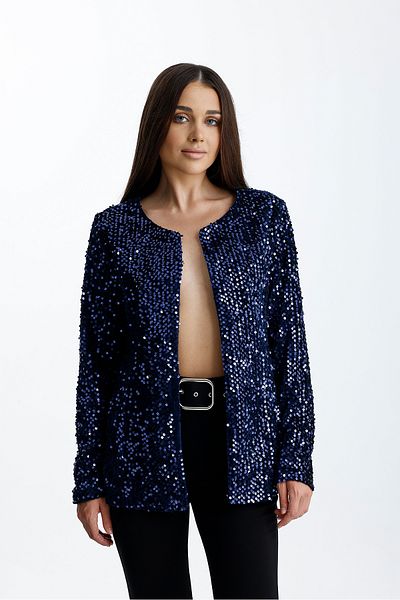 Sense Lined Seasonal Velvet Sequin Embroidered Evening Dress Jacket |   Ckt34356 Navy Blue