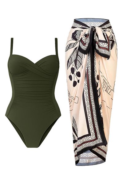 CUPSEA French Inspired Gathering Draped Swimsuit Pareo Set of 2 with Adjustable Straps, Stylish and Slimming Effect