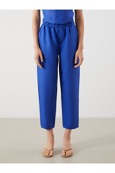LC Waikiki Dark Blue 100% Linen Women's Trousers with Elastic Waist