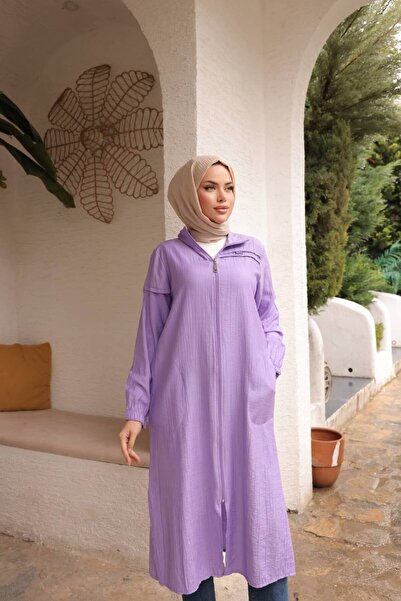 QUAWEAR Yanları Cepli Yan Yırtmaçlı Fermuar Kapama Çilek Kumaş Yazlık Kap