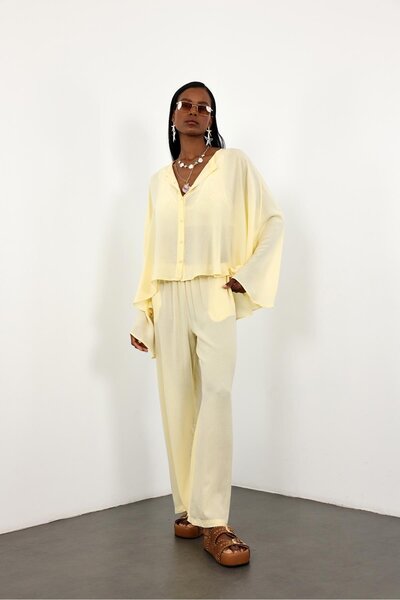 5in1Canpolat Yellow Oversize Bat Sleeve Shirt Trousers Set 1008