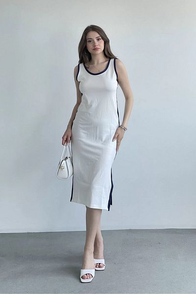 MOZENA Modal Fabric Side Slit Striped Midi Dress