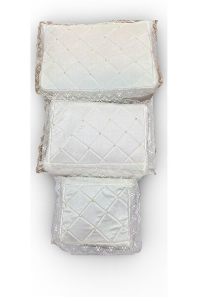 Muensu Üçlü Kadife İncili Krem Hurç Seti, Sırma İncili Hurç, Çeyizlik Sırma İ...