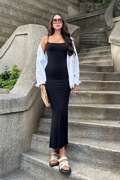 FEWTİNT Rochie lungă căptușită cu bretele negre de damă