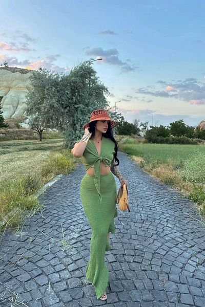 MOZENA Front Tie Crop Asymmetrical Slit Skirt Double Set