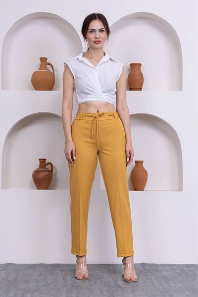 lodmela Women's Fabric Trousers with Tie Detail and Elastic Waist 326-Yellow