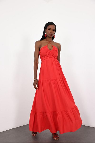 5in1Canpolat Red Halter Neck Flounce Maxi Dress 1001