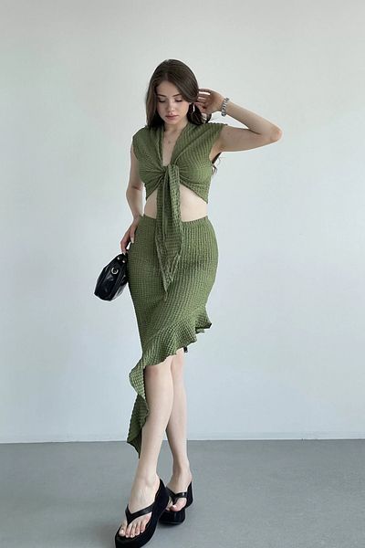 MOZENA Tie-Up Crop Asymmetrical Slit Skirt Suit