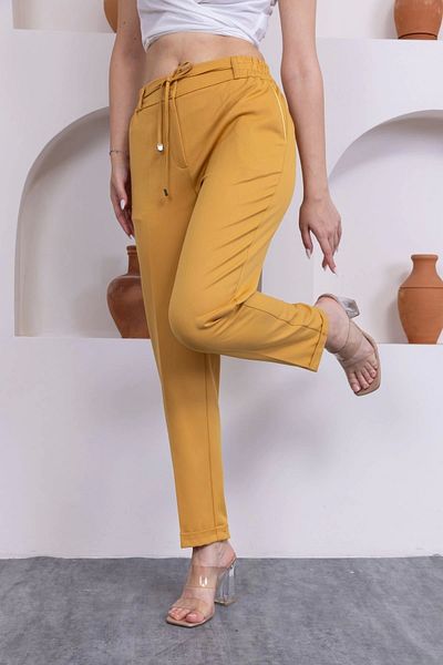 lodmela Women's Fabric Trousers with Tie Detail and Elastic Waist 326-Yellow