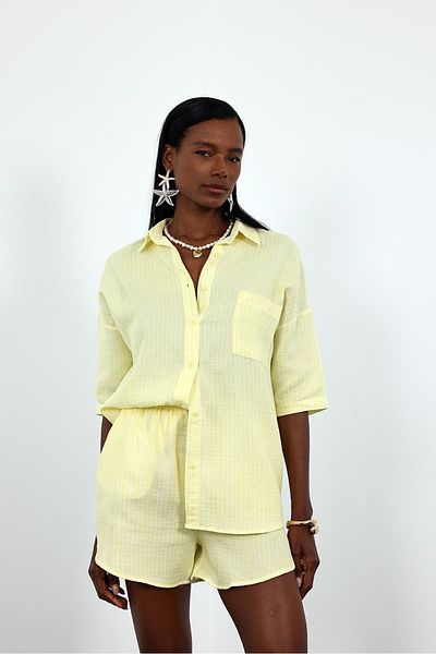 5in1Canpolat Yellow Striped Shirt Shorts Set 25150