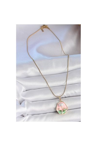Skygo 316L Steel Gold Color Chain Pink Flower Embroidered Pearl Detail Portrait Model Women's Necklace - Tj-Bko10125