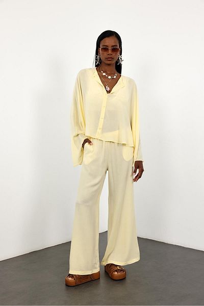 5in1Canpolat Yellow Oversize Bat Sleeve Shirt Trousers Set 1008