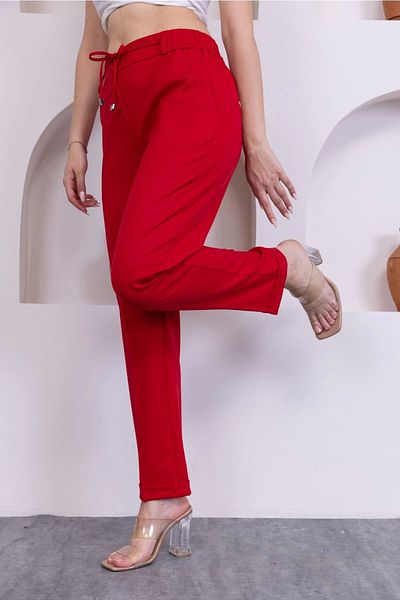 lodmela Women's Fabric Trousers with Lacing Detail and Elastic Waist 326-Red