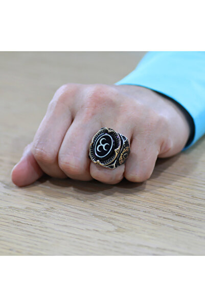 Tesbihane Erzurum Oltu Taşı Üzerine Üç Hilal İşleme Kenarları Zirkon Koleksiyonluk 925 Ayar Gümüş Erkek Yüzük