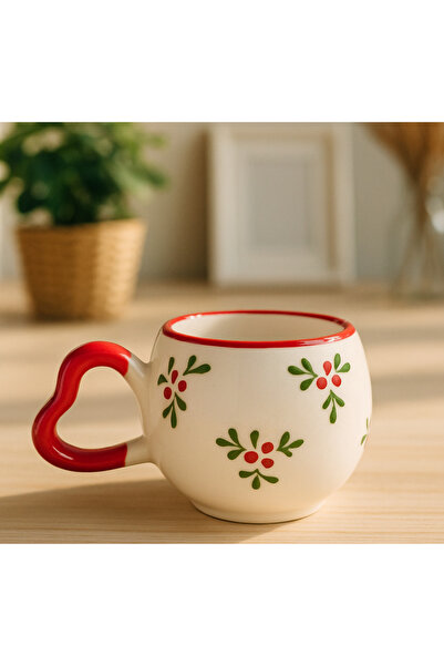 SırART Heart Handle Christmas Coffee Mug with Special Embossed Hand-Embroidered Ceramic Mug