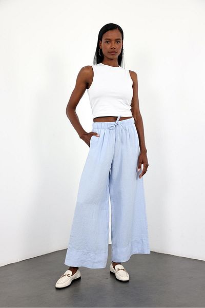 5in1Canpolat Blue 100% Linen Elastic Waist Trousers