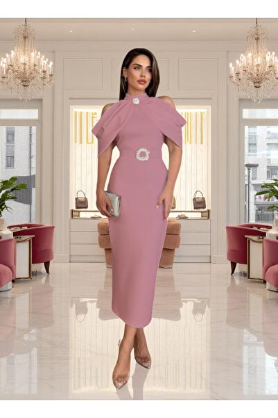 asyadabutik Rochie cu detaliu de piatră cu curea cu gât cu umăr