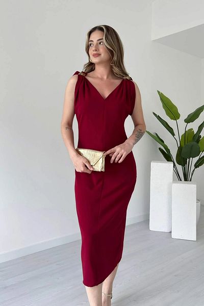 Aventien Burgundy Midi Dress with Strap Accessory Detail and Slit