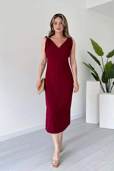 Aventien Burgundy Midi Dress with Strap Accessory Detail and Slit