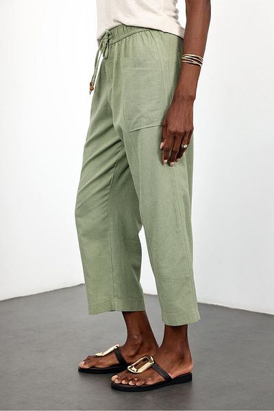 5in1Canpolat Green Elastic Waist Linen Blend Trousers 00177