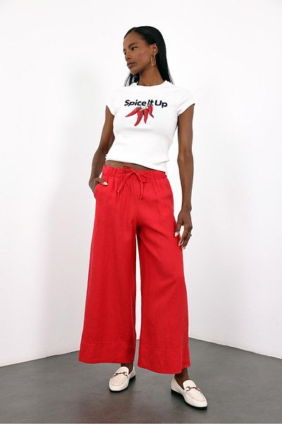 5in1Canpolat Red 100% Linen Elastic Waist Trousers