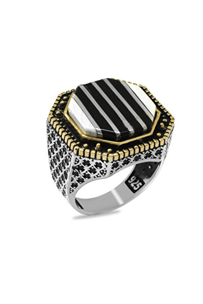 Tesbihane Fildişi ve Erzurum Oltu TaşıNA Gümüş Dikey Şerit İşlemeli Koleksiyonluk 925 Ayar Gümüş Erkek Yüzük