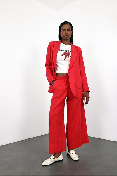 5in1Canpolat Red 100% Linen Elastic Waist Trousers