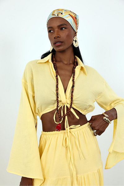 5in1Canpolat Yellow Muslin Tie Shirt Skirt Set 251007