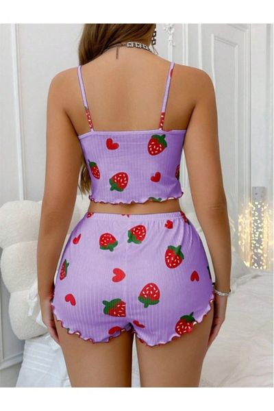 Ruselin Women's Strawberry and Heart Patterned Lilac Shorts Set