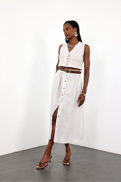 5in1Canpolat Beige Striped Vest Skirt Suit 0484