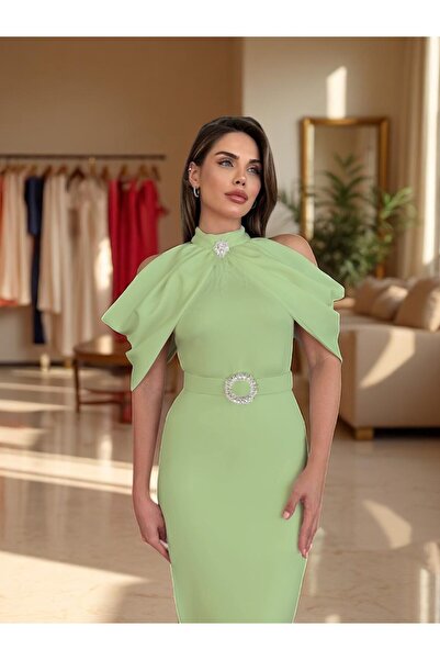 asyadabutik Rochie cu detaliu de piatră cu curea cu gât cu umăr