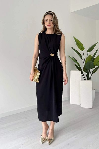 Aventien Black Midi Dress with Brooch Detail and Gathered Slit