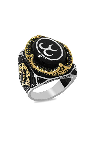 Tesbihane Erzurum Oltu Taşı Üzerine Üç Hilal İşleme Kenarları Zirkon Koleksiyonluk 925 Ayar Gümüş Erkek Yüzük