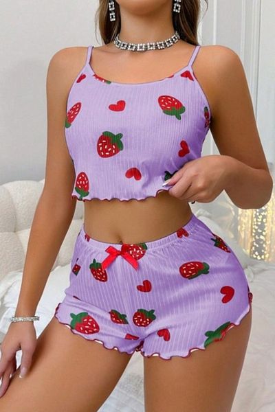 Ruselin Women's Strawberry and Heart Patterned Lilac Shorts Set