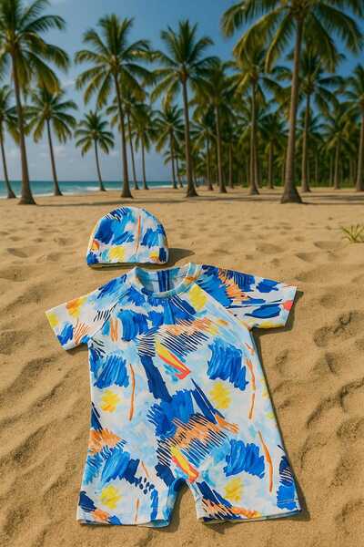 RONYPONY erkek Çocuk Tam Vücut Sirt Fermuarlı Mayo Sevimli Desen Baskilı Boneli Takim