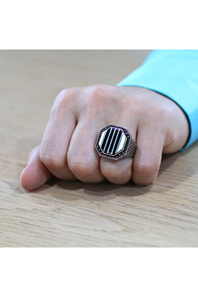 Tesbihane Fildişi ve Erzurum Oltu TaşıNA Gümüş Dikey Şerit İşlemeli Koleksiyonluk 925 Ayar Gümüş Erkek Yüzük