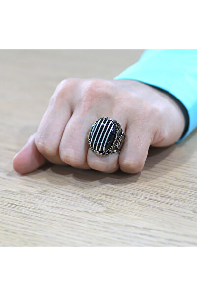 Tesbihane Oval Tasarım Kenarları Hançer Detaylı Koleksiyonluk 925 Ayar Gümüş Erzurum Oltu Taşı Erkek Yüzük