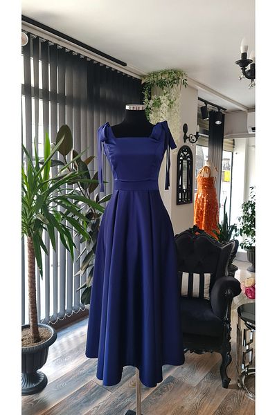 makbuleofficial Navy Blue Satin Midiboy Square Neck Promise Engagement Homecoming Dress