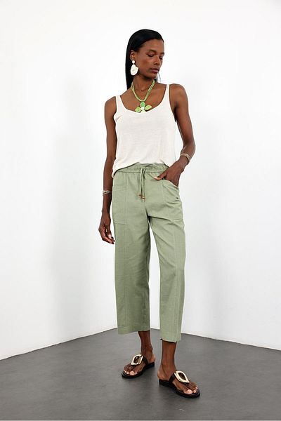 5in1Canpolat Green Elastic Waist Linen Blend Trousers 00177