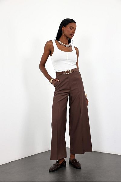 5in1Canpolat Bitter Brown Palazzo Trousers with Agrafla 5190